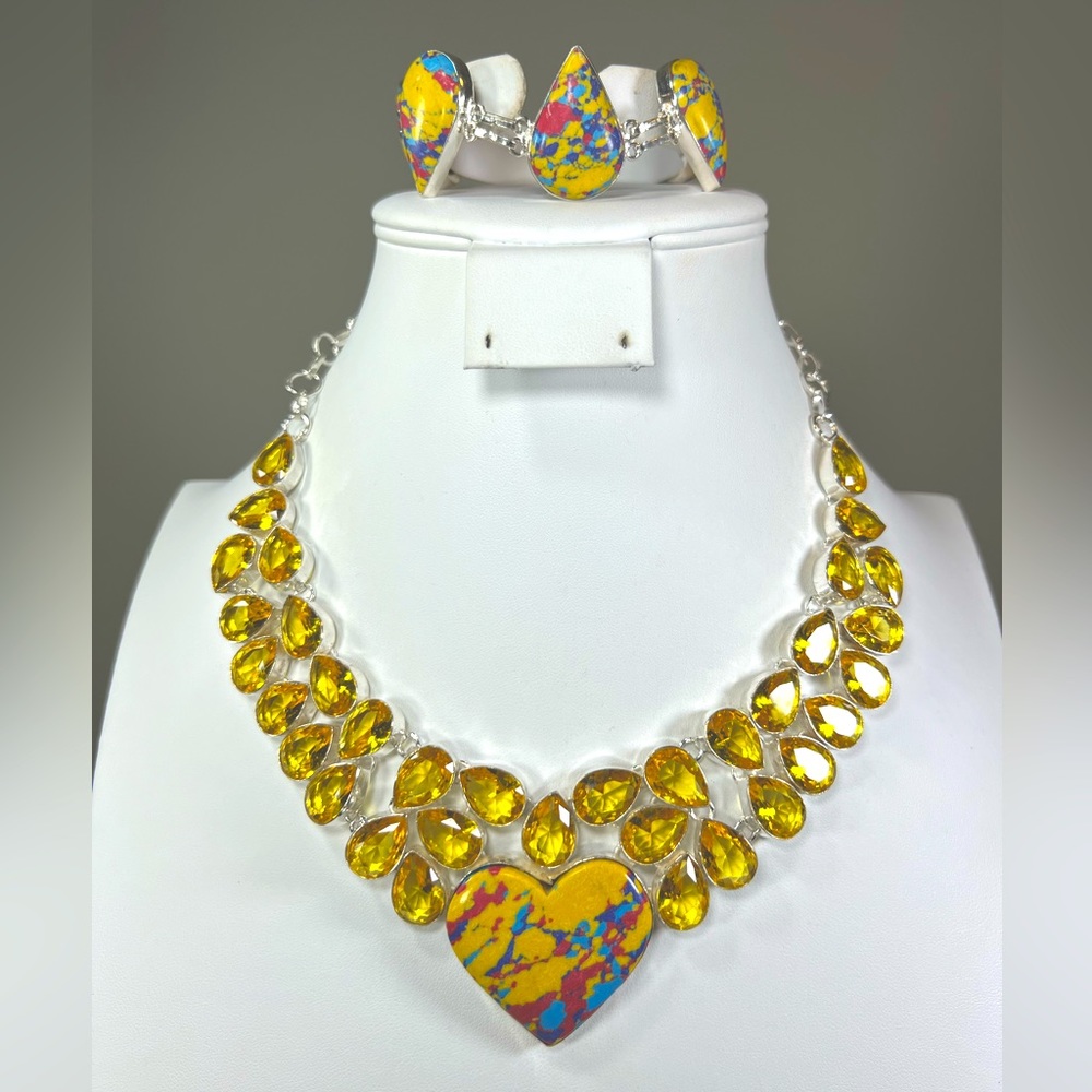 Mosaic Jasper 925 Large 💛 Heart Gemstone Necklace & Bracelet